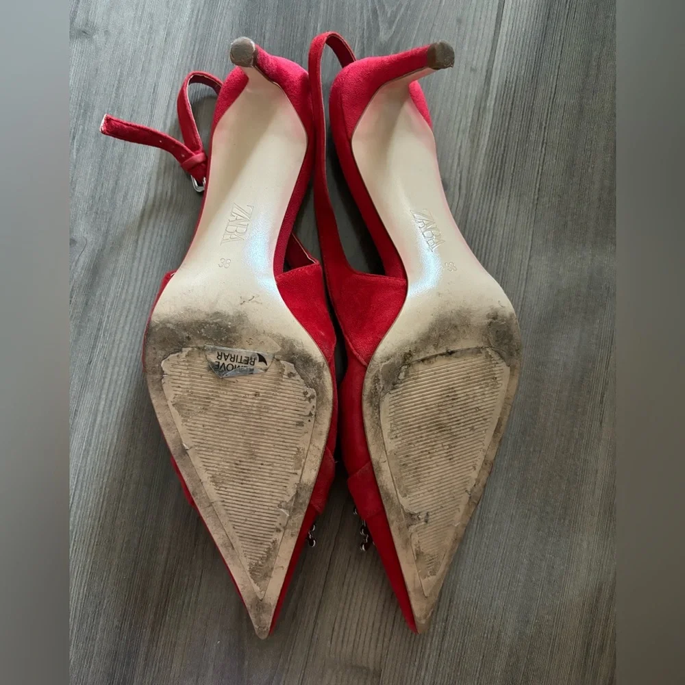 WORN TWICE - ZARA RED SPARKLE KITTEN HEEL - Picture 3 of 11